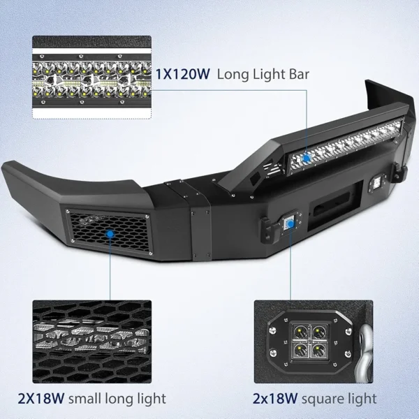 ECCPP Front Bumper Fit for 2007-2013 for Chevrolet Silverado 1500 Texture Black (with D-ring & LED Lights & Winch Plate) - Image 4