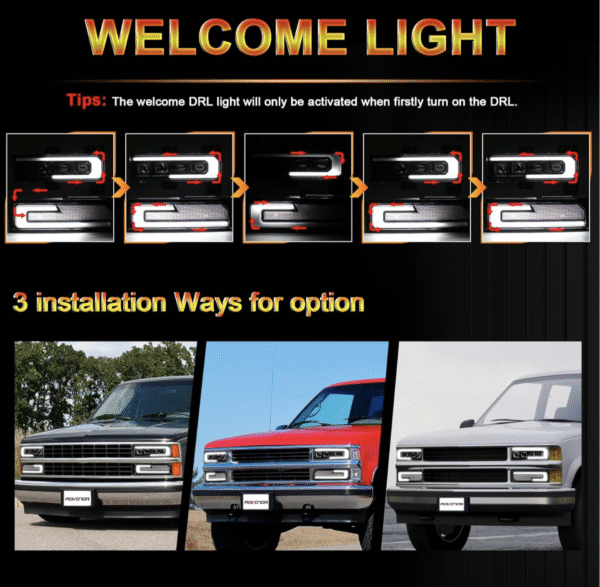 LED Headlight Assembly 500% Bright Anti-glare Headlights with Welcome DRL Turn Signal Compatible with 1988-1998 Chevy GMC C/K 1500 2500 3500 Suburban Silverado Tahoe Yukon - Image 5