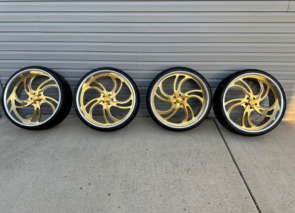 26" US Mag Billet Wheels Staggered Set with 5" Rear Lip 5x120 Tires 80-90% Tread